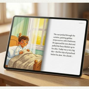 May include: A digital tablet displays a children's book illustration. The image shows a young boy in bed, with text describing his first day of preschool. A cup of tea sits nearby on a wooden table.