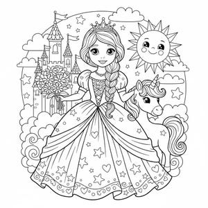 May include: Black and white illustration of a princess with a crown, holding flowers and a unicorn. A castle, sun, clouds, and stars are in the background. The princess wears a long gown decorated with stars and hearts.