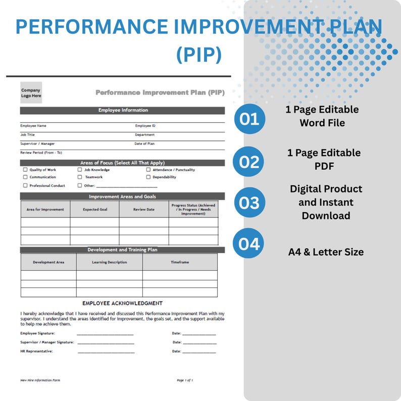 Performance Improvement Plan Template: Editable Employee PIP Form (word ...