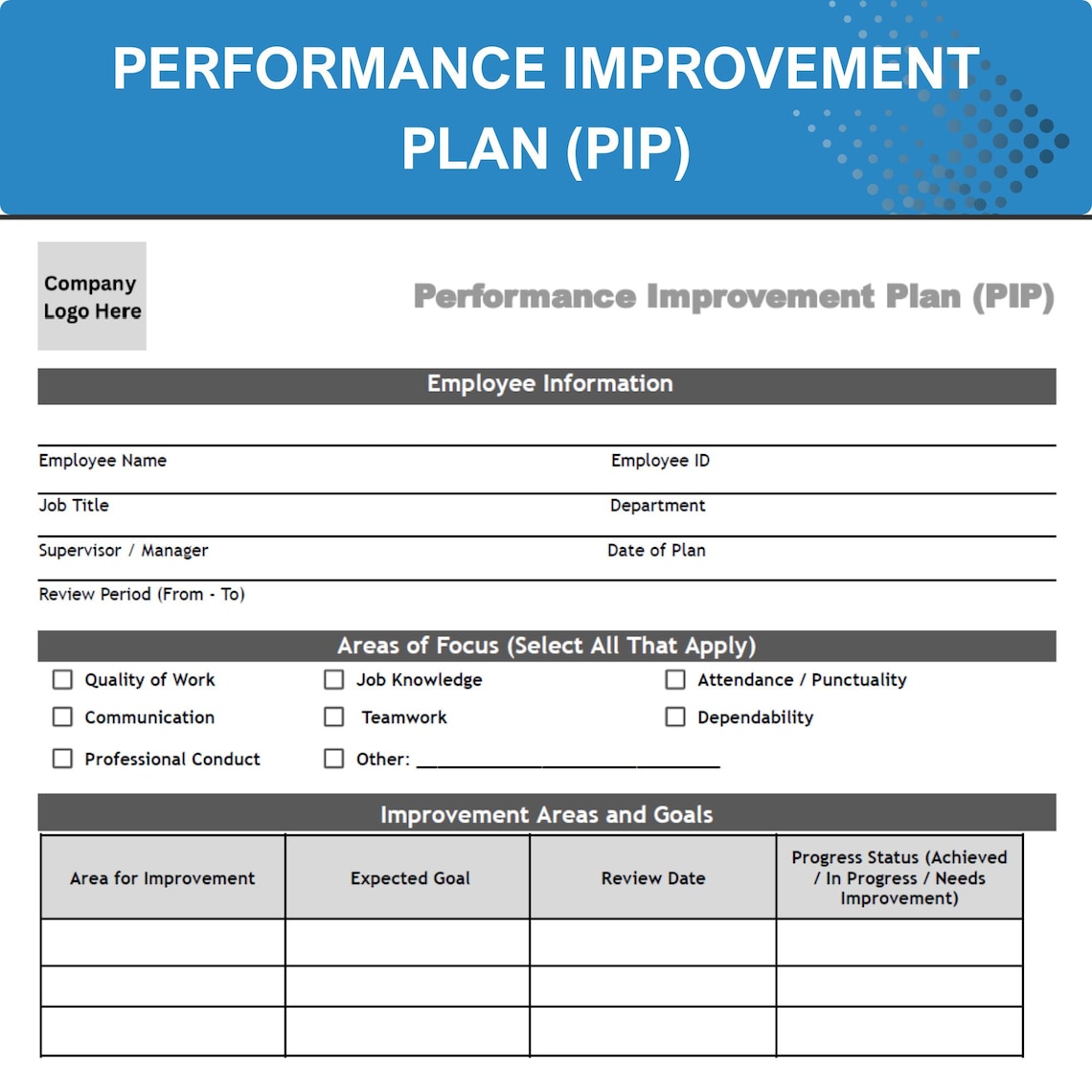 Performance Improvement Plan Template: Editable Employee PIP Form (word ...