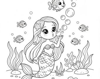May include: Black and white illustration of a mermaid blowing bubbles underwater. The mermaid has long hair, a starfish in her hair, and a seashell top. Several fish swim around her, and bubbles float upwards. Seaweed and coral are also visible.