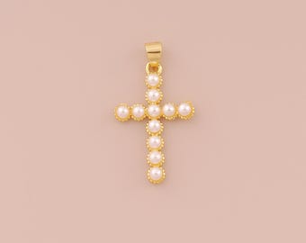 18K Gold Filled Cross Pendant Gold Religious Charms Pearl Christian Charm for DIY Bracelets Necklaces Jewelry Accessories Making