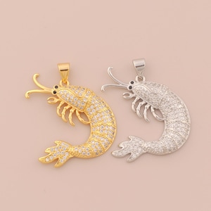 18K Gold Filled Shrimp Pendant Gold Marine Life Charms CZ Shrimp Charm for DIY Bracelets Necklaces Jewelry Accessories Making