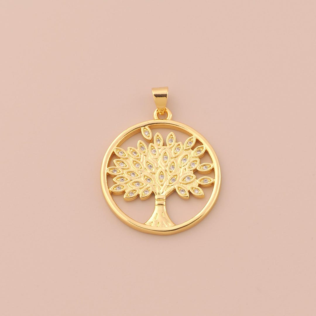18K Gold Filled Tree of Life Pendant Gold Round Charms CZ Tree Charm ...
