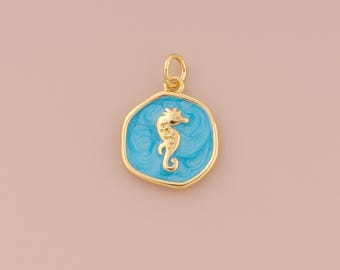 18K Gold Filled Seahorse Pendant Gold Enamel Round Charms Seahorse Charm for DIY Bracelets Necklaces Jewelry Accessories Making