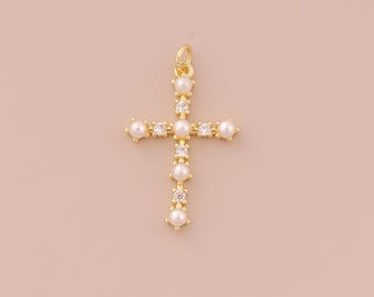 18K Gold Filled Cross Pendant Gold CZ Religious Charms Pearl Christian Charm for DIY Bracelets Necklaces Jewelry Accessories Making