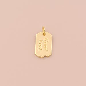 Puede incluir: Encanto de placa de perro de color dorado con las palabras "Good Luck" grabadas.