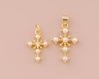 18K Gold Filled Cross Pendant Gold Pearl Religious Charms Christian Charm for DIY Bracelets Necklaces Jewelry Accessories Making
