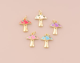18K Gold Filled Mushroom Pendant Gold Enamel Mushroom Charms CZ Mushroom Charm for DIY Bracelets Necklaces Jewelry Accessories Making