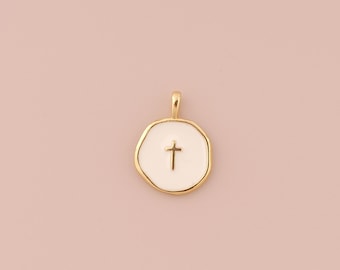 18K Gold Filled Enamel Cross Pendant Gold Religious Charms Round Charm for DIY Bracelets Necklaces Jewelry Accessories Making
