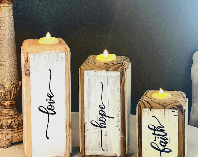Rustic Farmhouse Tealight Candle Holders -Faith-Hope-Love