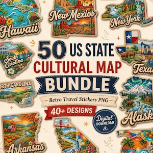 May include: A digital bundle of 50 US state cultural map stickers featuring retro travel designs. Each state shape displays iconic landmarks, landscapes, and text labels like Hawaii, New Mexico, New York, South Carolina, Texas, North Carolina, Alaska, Arkansas, California, and Florida. The central text reads 50 US STATE CULTURAL MAP BUNDLE, Retro Travel Stickers PNG, 40+ DESIGNS, and Digital Download.