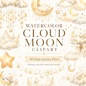 Può includere: Una collezione di illustrazioni ad acquerello con nuvole, lune crescenti e stelle in tenui tonalità di giallo e beige. Il testo centrale recita WATERCOLOR CLOUD MOON CLIPART e 30 High Quality PNGs. Le grafiche includono giostrine e ghirlande.