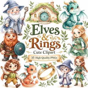 May include: A digital clipart collection titled Elves & Rings featuring a wizard, a stone cottage, a teal dragon, a dwarf with a shield, an elf archer, a small adventurer, a red dragon, a gold ring, and an elf warrior with a sword.