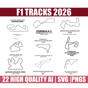 Könnte beinhalten: Grafik mit neun Formel-1-Rennstreckenlayouts für die Saison 2026, darunter die Strecken des Großen Preises von Spanien, Aserbaidschan, Singapur, Brasilien, Mexiko, Niederlande, Katar, USA und Abu Dhabi. Der Text "F1 TRACKS 2026" und "22 HIGH QUALITY AI | SVG | PNGS" ist ebenfalls enthalten.