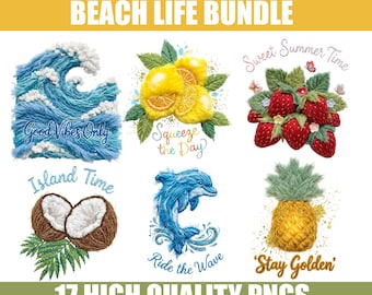 Beach PNG Bundle 17 PNGs, Yarn Art Style Clipart, Summer Sublimation Design, Tropical Fruit Dolphin Ocean Shirt, Coastal Vibes