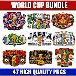 Puede incluir: Una colección digital de nueve diseños gráficos de la Copa Mundial 2026 con nombres de países, mapas, balones de fútbol y el trofeo dorado. El texto incluye USA, Mexico, Spain, Brazil, Japan, Argentina, Belgium, Germany y Portugal con World Cup 2026.