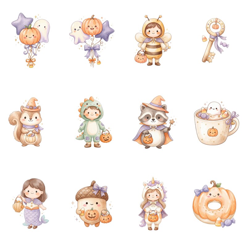 Cute Halloween Clipart PNG Bundle, Kawaii Ghost Kids Costume PNG ...