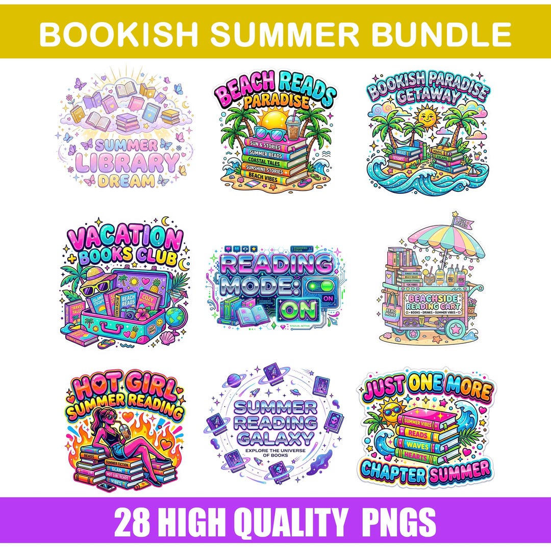 Bookish Summer PNG Bundle, Beach Reading Designs, Book Lover ...