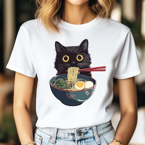 Noodle Cat T-Shirt, Ramen Cat T-Shirt, Cat Lovers Tee, Gift for Mom, Black Cat Noodle T-Shirts,  Black Cat Tee