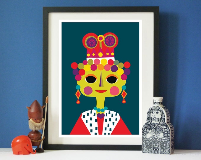 Queenie by Jay Kaye  A3 or A4 sized  print  Bright  Colourful print wall Art Fun
