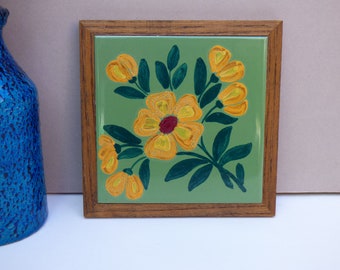 Flower tile trivet Vintage hand painted