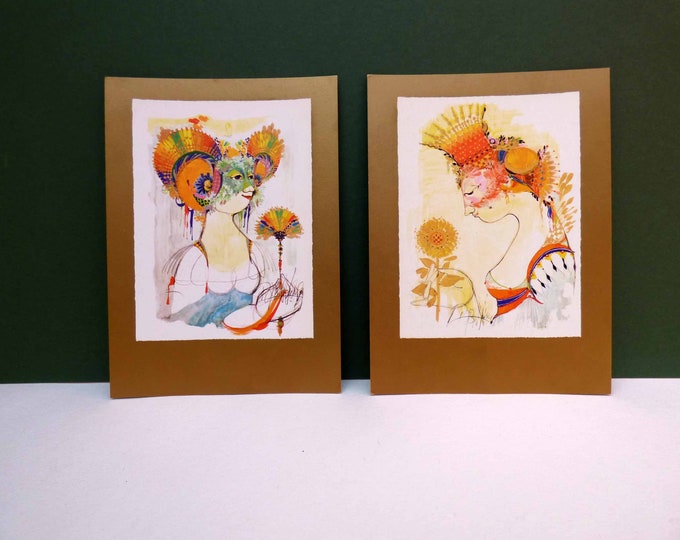 Bjorn Wiinblad vintage card prints - Iris and Juno - Shakespeare Danish Costume Designs - Mid Century modern - Scandinavian Art