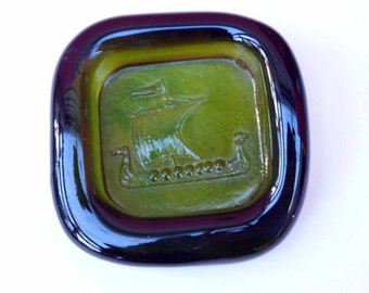 Vintage Glass dish - Norway - Mid century Modern - 1960s Viking boat - ND Norway Design -Glass House Old Town Fredrikstad
