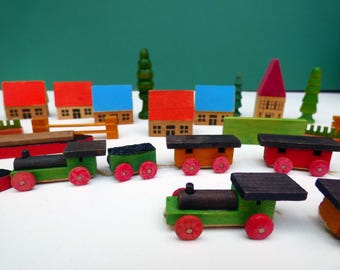 Vintage West German wooden trains boats houses Erzgebirge 1970s wooden toy miniatures