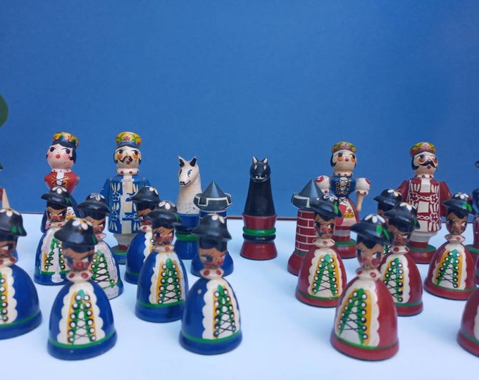 Vintage Chess Set Folk art Hungarian wooden 1950s handpainted characters complete set