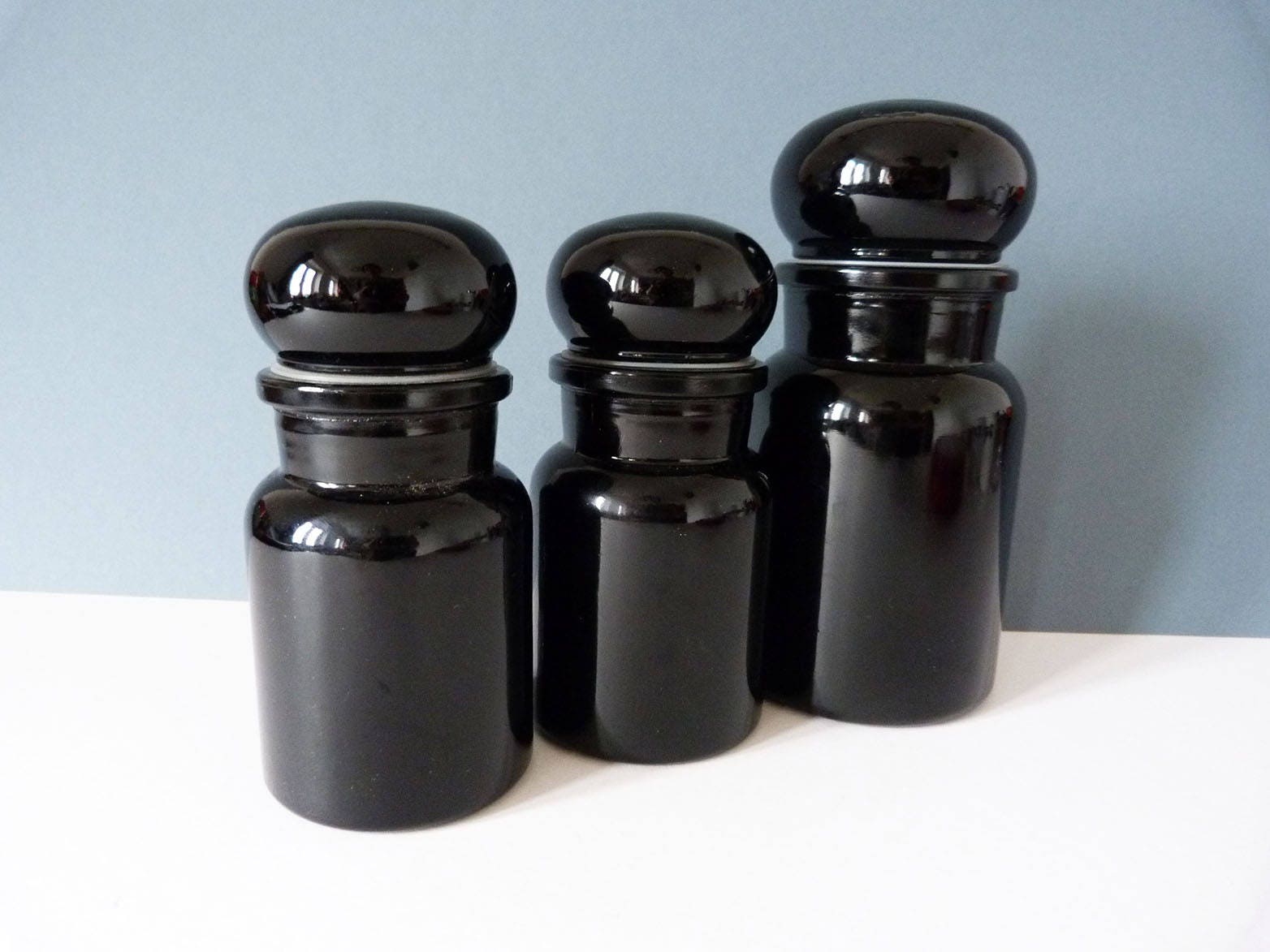 Vintage black glass Apothecary storage jars from Belgium
