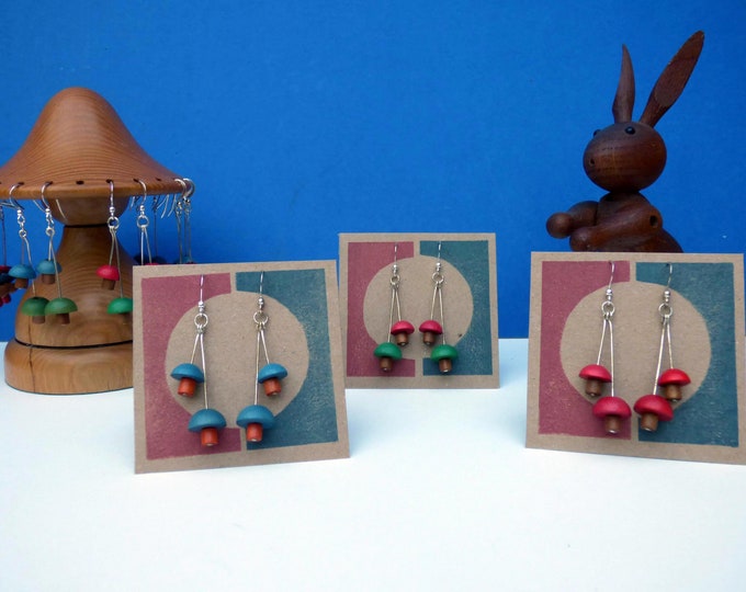 Toadstool wooden earrings - vintage wooden beads - eco, natural wooden jewellery - Mushroom - Toadstool Gift.