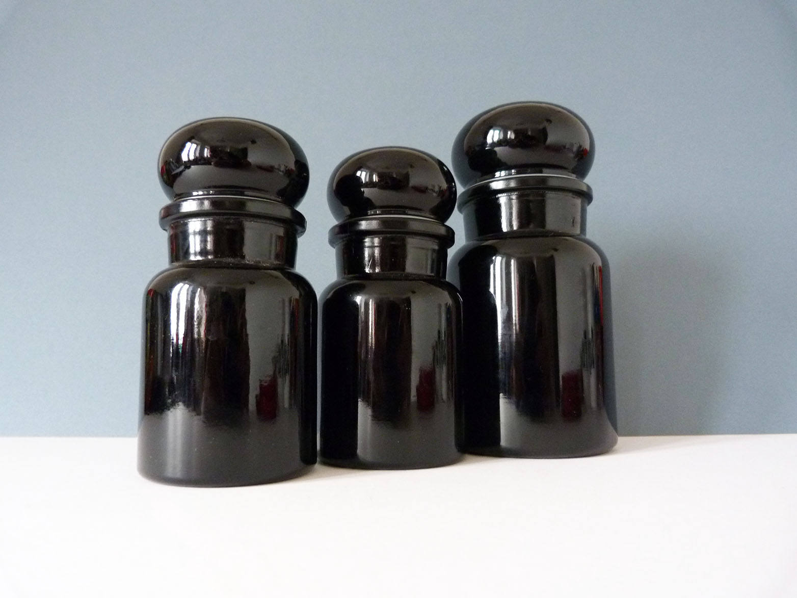 Vintage black glass Apothecary storage jars from Belgium