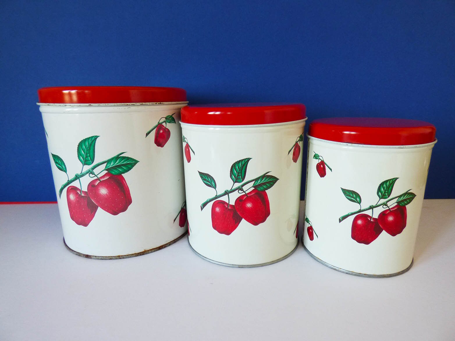 Decoware metal storage tins vintage 1970's Apple pattern