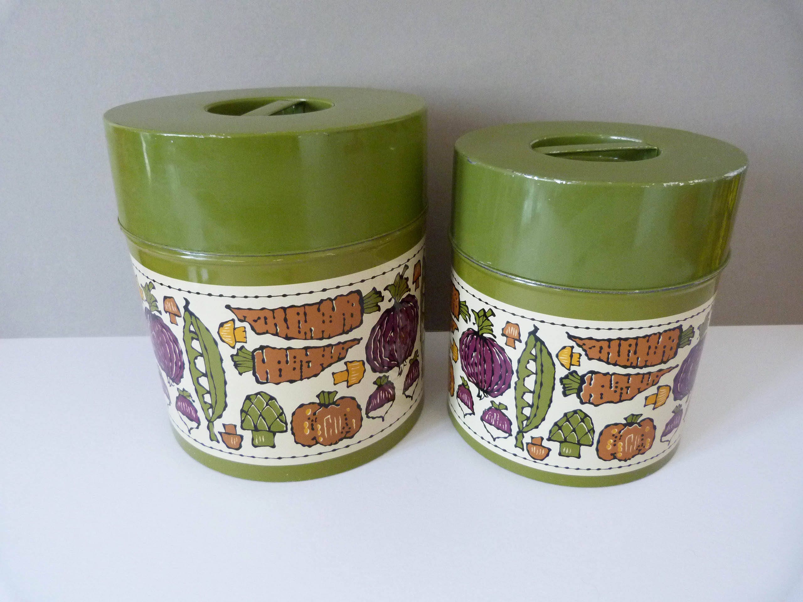 2 matching metal storage tins vintage 1970's vegetable design