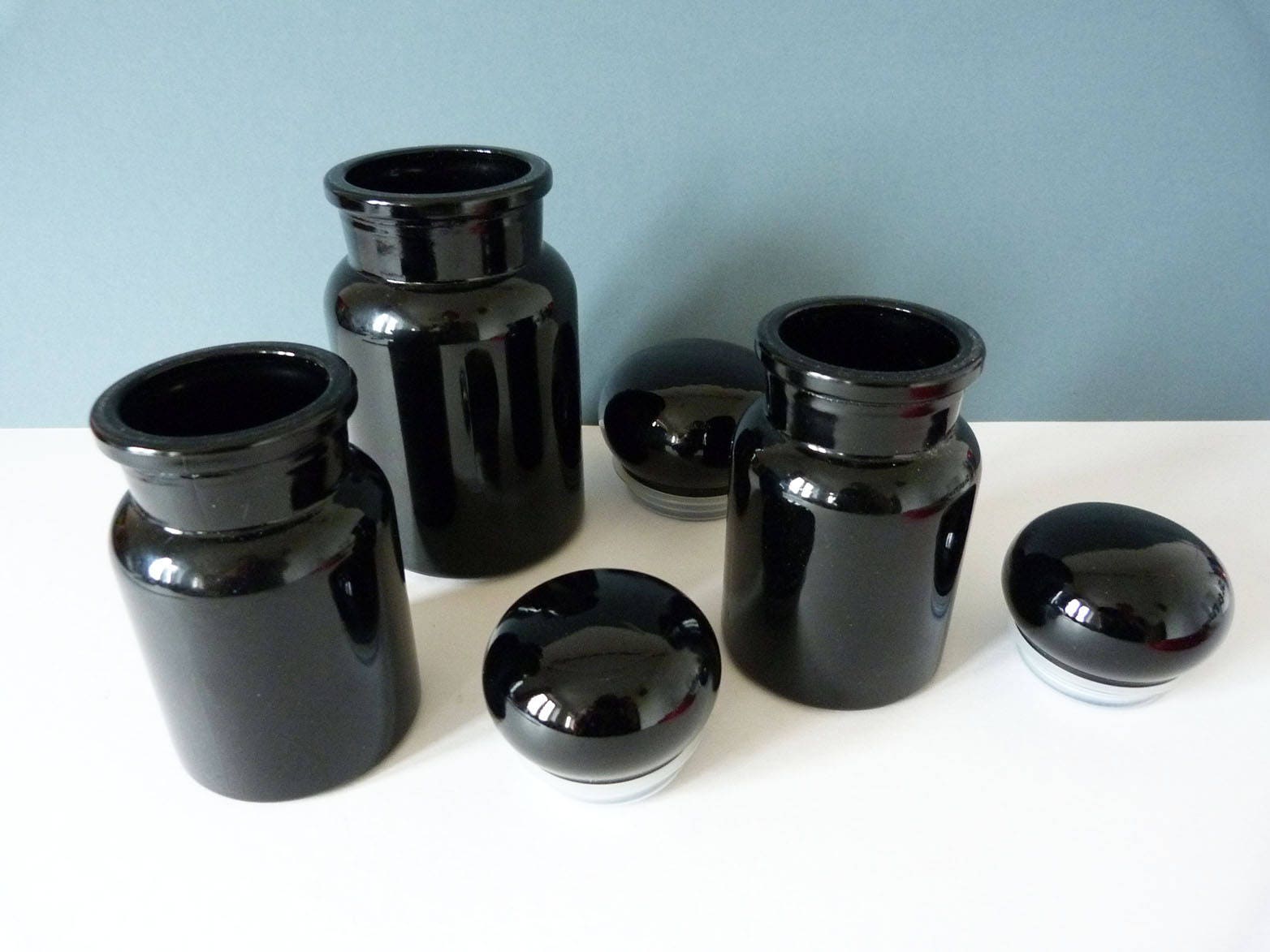 Vintage black glass Apothecary storage jars from Belgium