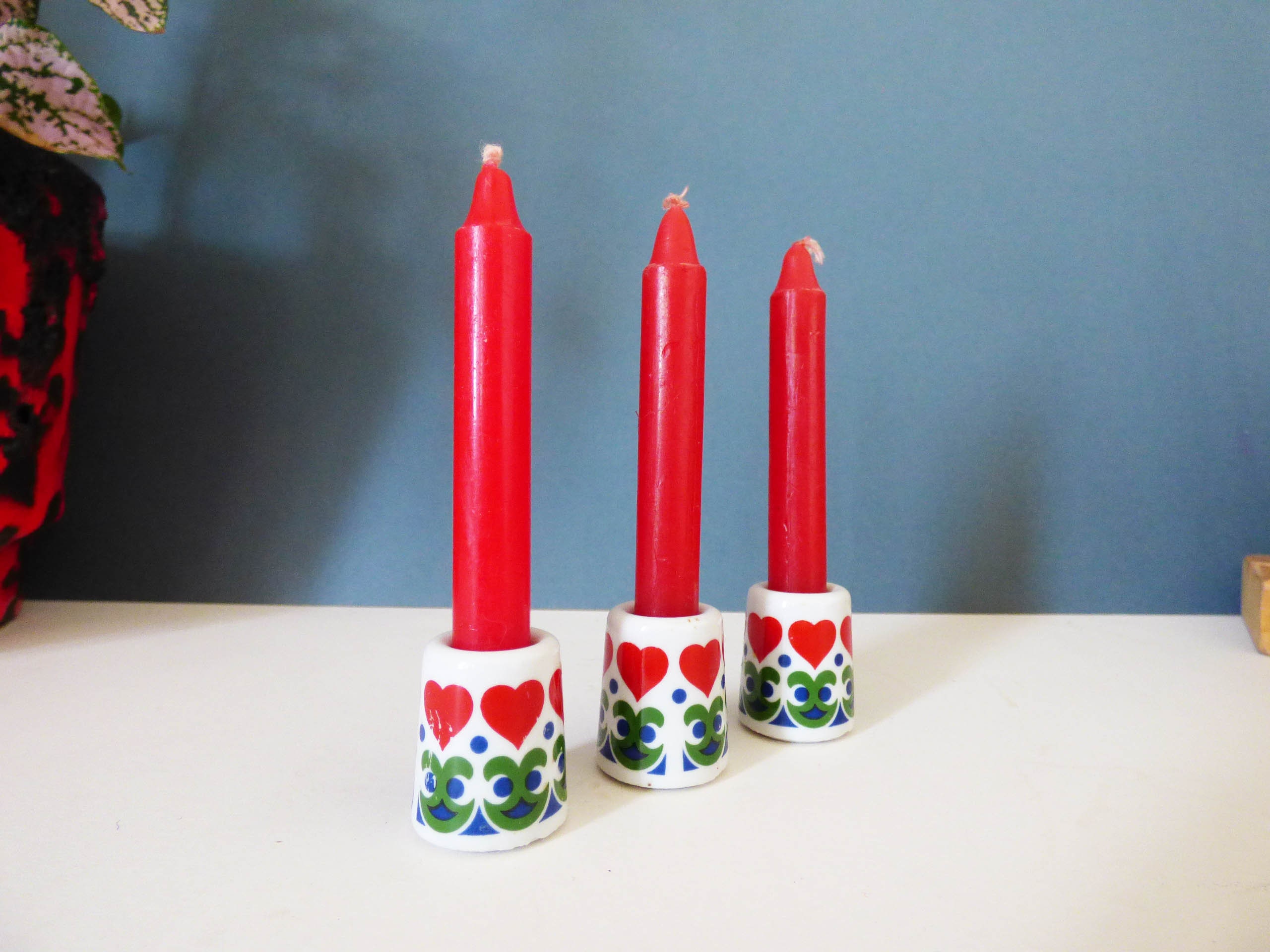 Funny designs mini candle stick holders and candles made in West Germany