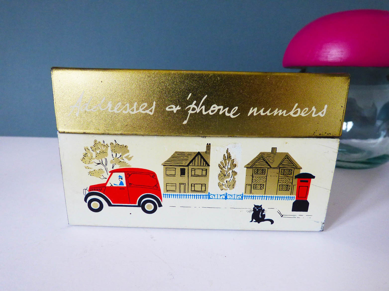 Addresses and phone number tin Mid century Vintage