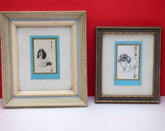David Kwok - Dog prints - Kwok Ta Wei - Vintage framed Chinese cat prints - 1960s Dog Art - Mid Century Modern Vintage