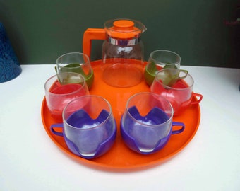 Roly Poly Cups - Tray - Coffee pot - vintage plastic and glass - coffee - space age - 1960s classic - Rainbow Vintage