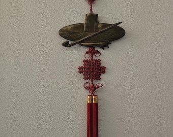 Very Large Vintage Chinese Cloisonne Knot Tassel: Brass Medallion Wall Hanging