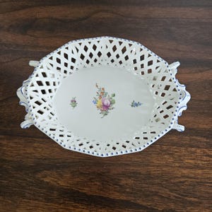Vintage Nymphenburg Porcelain Reticulated Basket Or Bowl,Hand-Painted Floral Designs