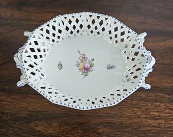 Vintage Nymphenburg Porcelain Reticulated Basket Or Bowl, Hand-Painted Floral Designs