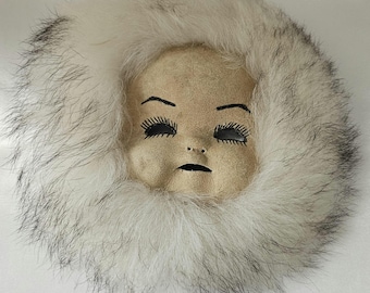 Alaska Native Eskimo Hide Mask/Fur, Hand Crafted Child Size Mask, Wall Hanging Art
