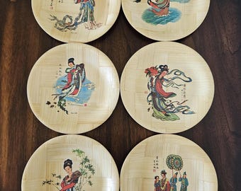 6 Vintage Bamboo 8 inch Plates Made In Taiwan Republic Of China