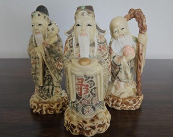 Vintage Carved Resin Three Chinese Wise Man, Chinese Star Gods, Good Fortune, Prosperity And Longevity
