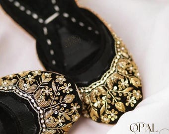 Handmade Black Velvet Embroidered Khussa Shoes | Indian Bridal Jutti