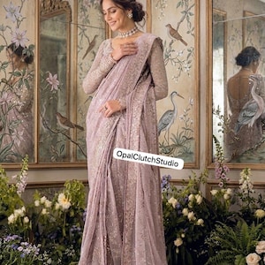 Lilac Chiffon Saree: Silver Tilla Thread, Sequins Embroidery