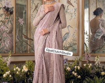 Lilac Chiffon Saree: Silver Tilla Thread, Sequins Embroidery