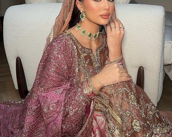 Pink Wedding Dupatta: Pakistani Sequin Embroidered Silk Shawl